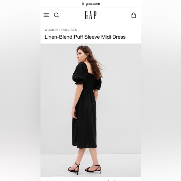 Black Linen-Blend Puff Sleeve Midi Dress from Gap NWT wonderful LBD! - Picture 2 of 8
